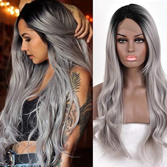 22” Ombre Black Gray Lace Front Wig *NEW*